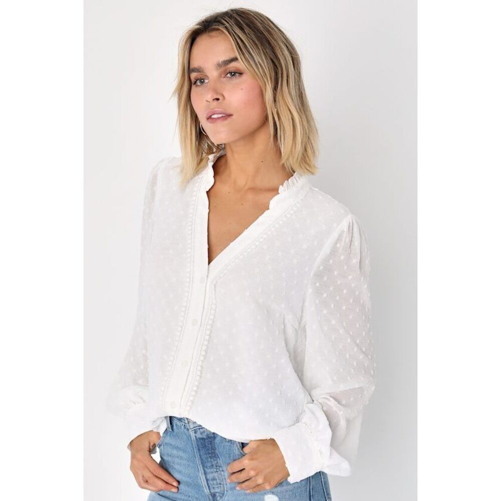 Lulus Delightful Charm White Swiss Dot Button-up Long Sleeve Top - Size S